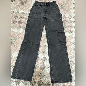 PacSun Women’s 90’s Black Charcoal BF Carpenter Wide Leg Baggy Denim Cargo Jeans